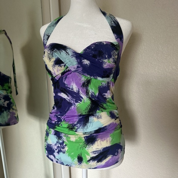 Halter top with padded bust Abstract Green and Purple ties at neck Y2K size Med - Picture 1 of 5